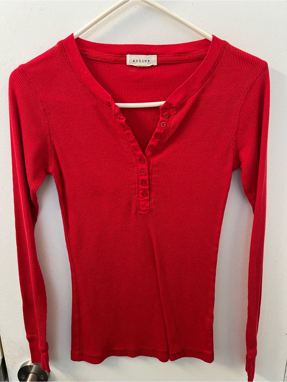 Active Red Long Sleeve Ribbed Henley Tee